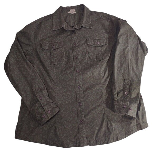 Duluth Trading Co Womens Button Up Top Size 2XL Green Floral Long Sleeve - Picture 1 of 6